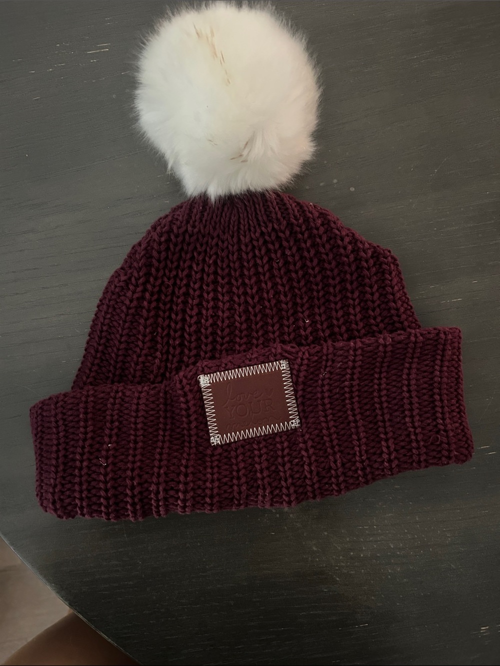 Love Your Melon Maroon Knit Beanie with White Pom Pom + Pink and Tan Pom Pom